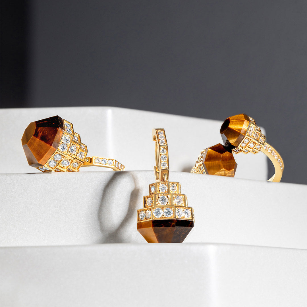 Azm Yellow Gold Tiger Eye Earring - Samra Jewellery - Diamond Jewellery - AZM