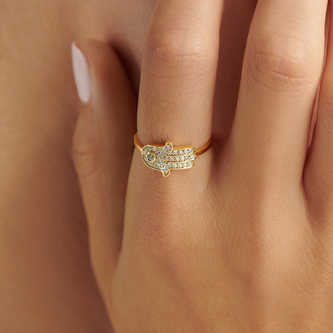 Barq Yellow Gold Diamond Hamsa Ring - Samra Jewellery - Diamond Jewellery - BARQ