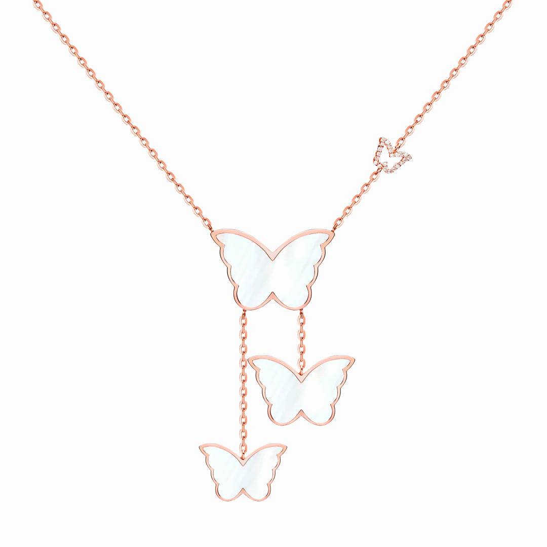 Classic Butterfly Rose Gold Mother of Pearl Dangling Necklace - Samra Jewellery - Diamond Jewellery - BUTTERFLIES