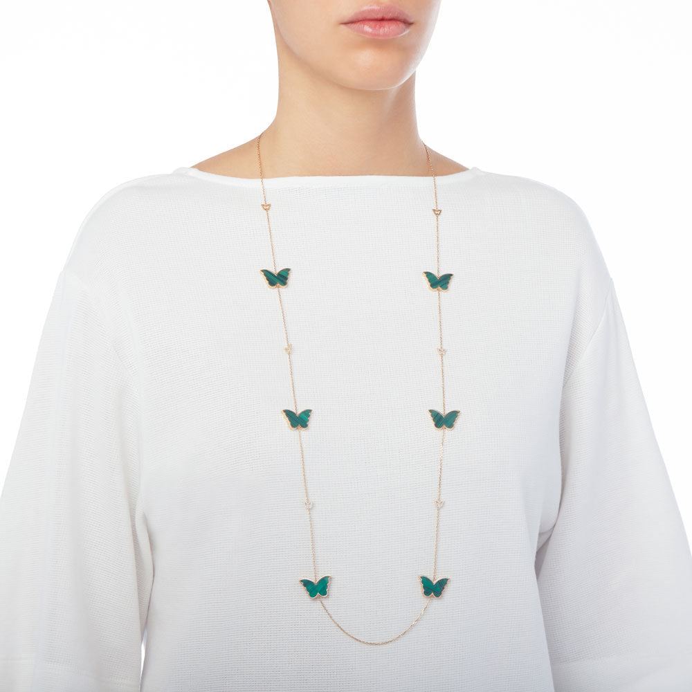 Classic Butterfly Yellow Gold Malachite Sautoir Necklace - Samra Jewellery - Diamond Jewellery - BUTTERFLIES