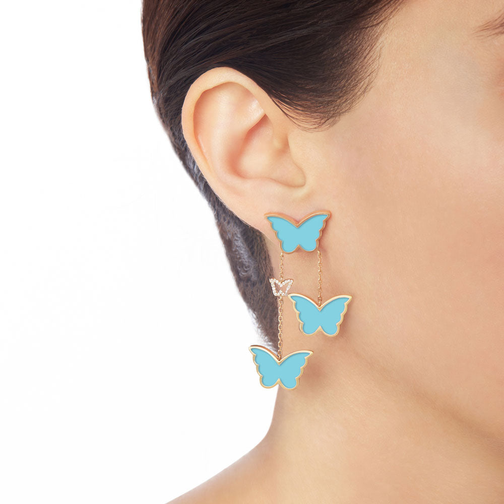 Classic Butterfly Yellow Gold Turquoise Dangling Earring - Samra Jewellery - Diamond Jewellery - BUTTERFLIES