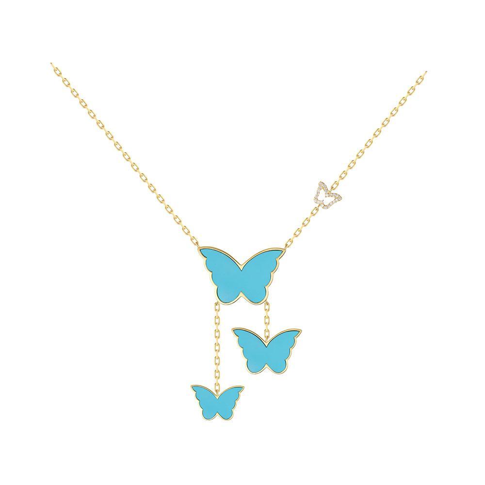 Classic Butterfly Yellow Gold Turquoise Dangling Necklace - Samra Jewellery - Diamond Jewellery - BUTTERFLIES