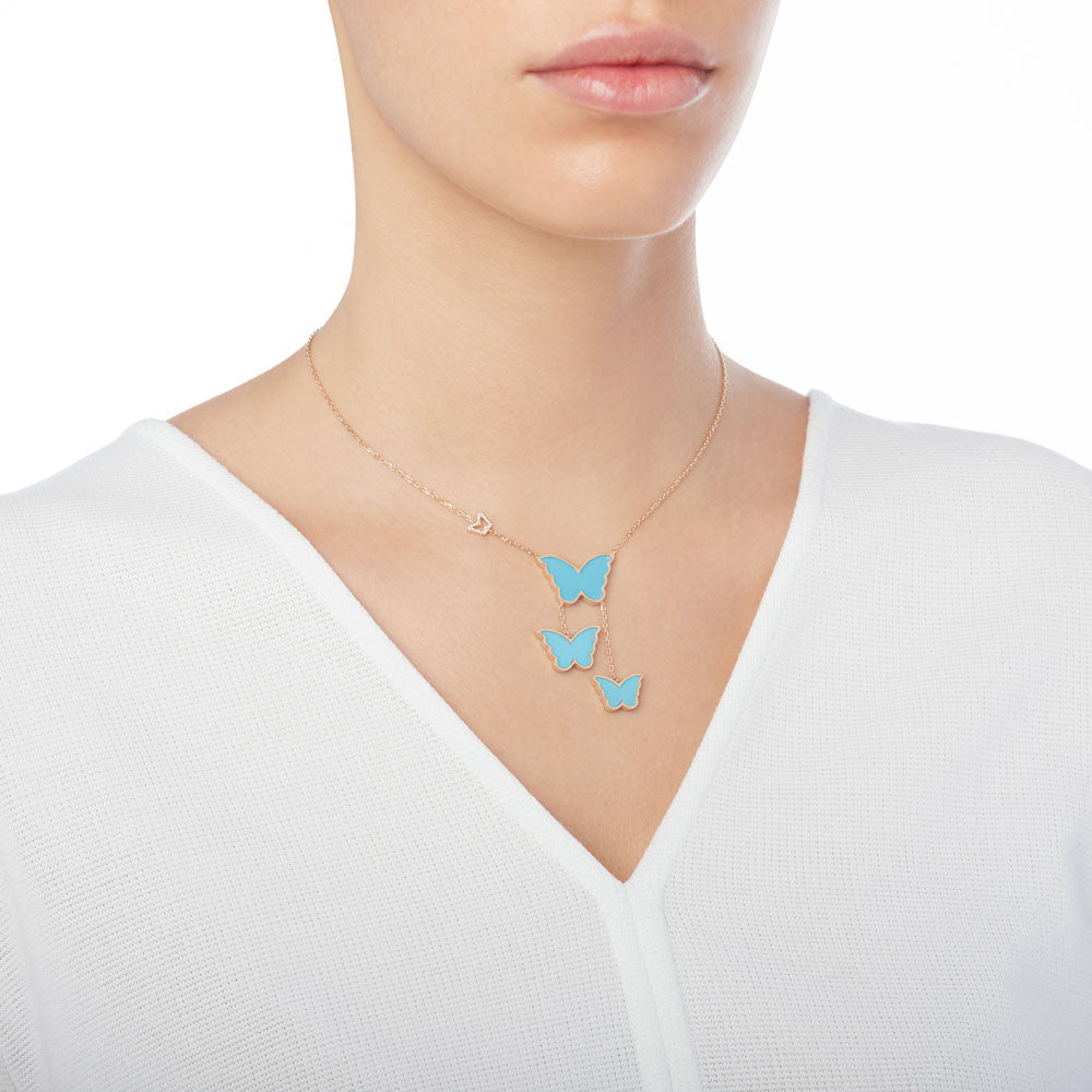 Classic Butterfly Yellow Gold Turquoise Dangling Necklace - Samra Jewellery - Diamond Jewellery - BUTTERFLIES