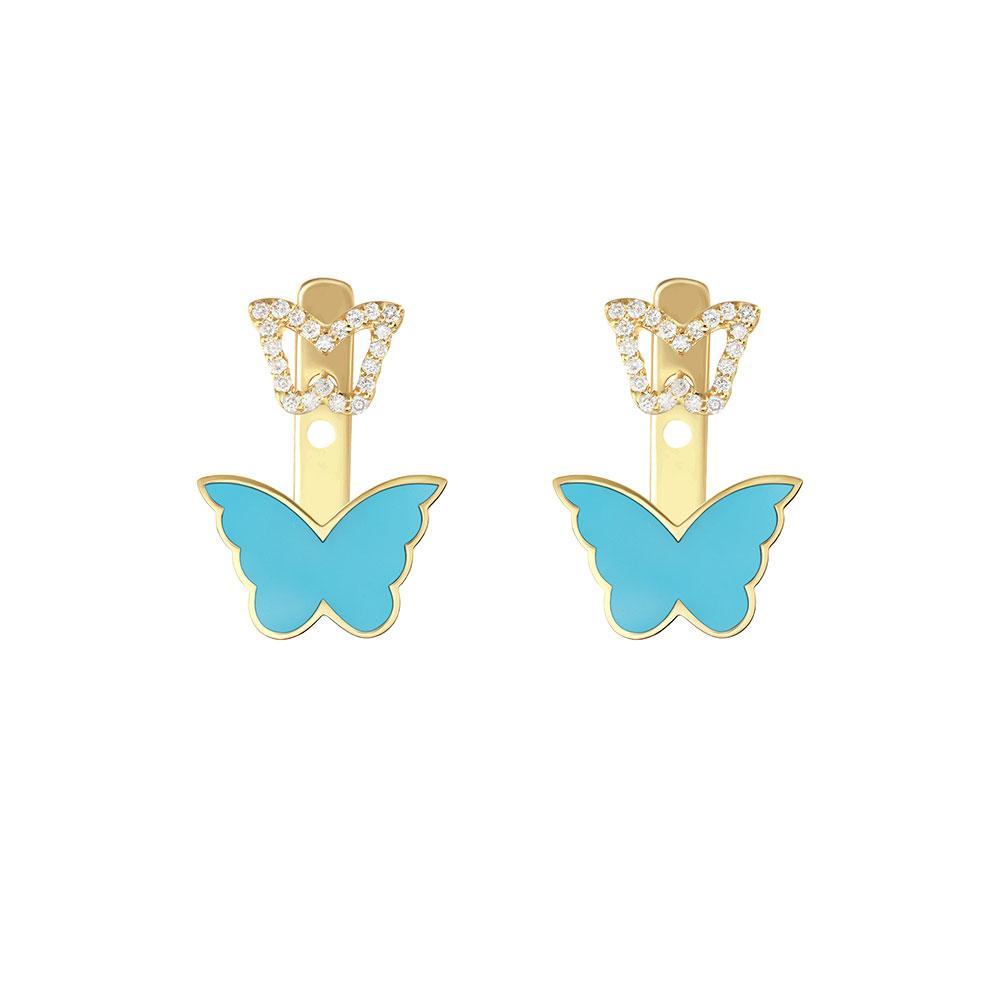 Classic Butterfly Yellow Gold Turquoise Kids Ear Jacket - Samra Jewellery - Diamond Jewellery - BUTTERFLIES