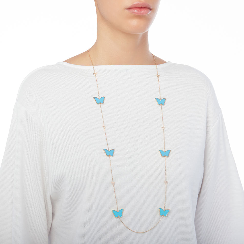 Classic Butterfly Yellow Gold Turquoise Sautoir Necklace - Samra Jewellery - Diamond Jewellery - BUTTERFLIES