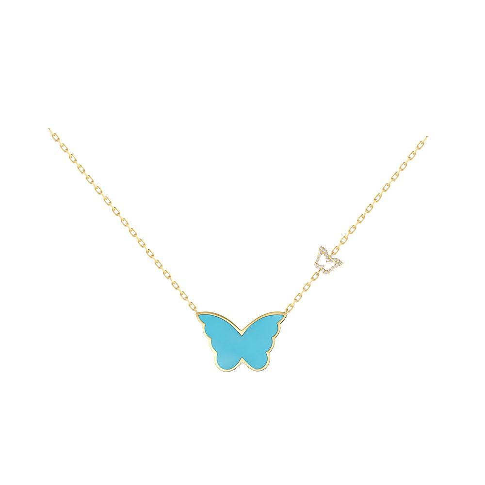 Classic Butterfly Yellow Gold Turquoise Single Necklace - Samra Jewellery - Diamond Jewellery - BUTTERFLIES