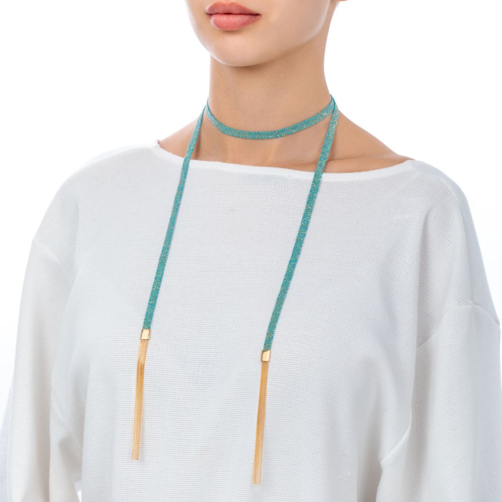 Sukar Long Scarf Necklace Yellow Gold Blue Fine Silk - Samra Jewellery - Diamond Jewellery - SUKAR