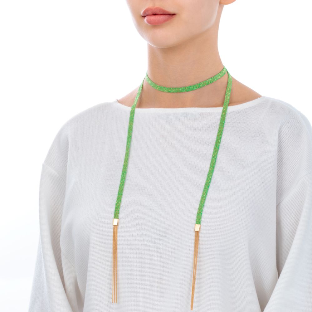 Sukar Long Scarf Necklace Yellow Gold Green Fine Silk - Samra Jewellery - Diamond Jewellery - SUKAR