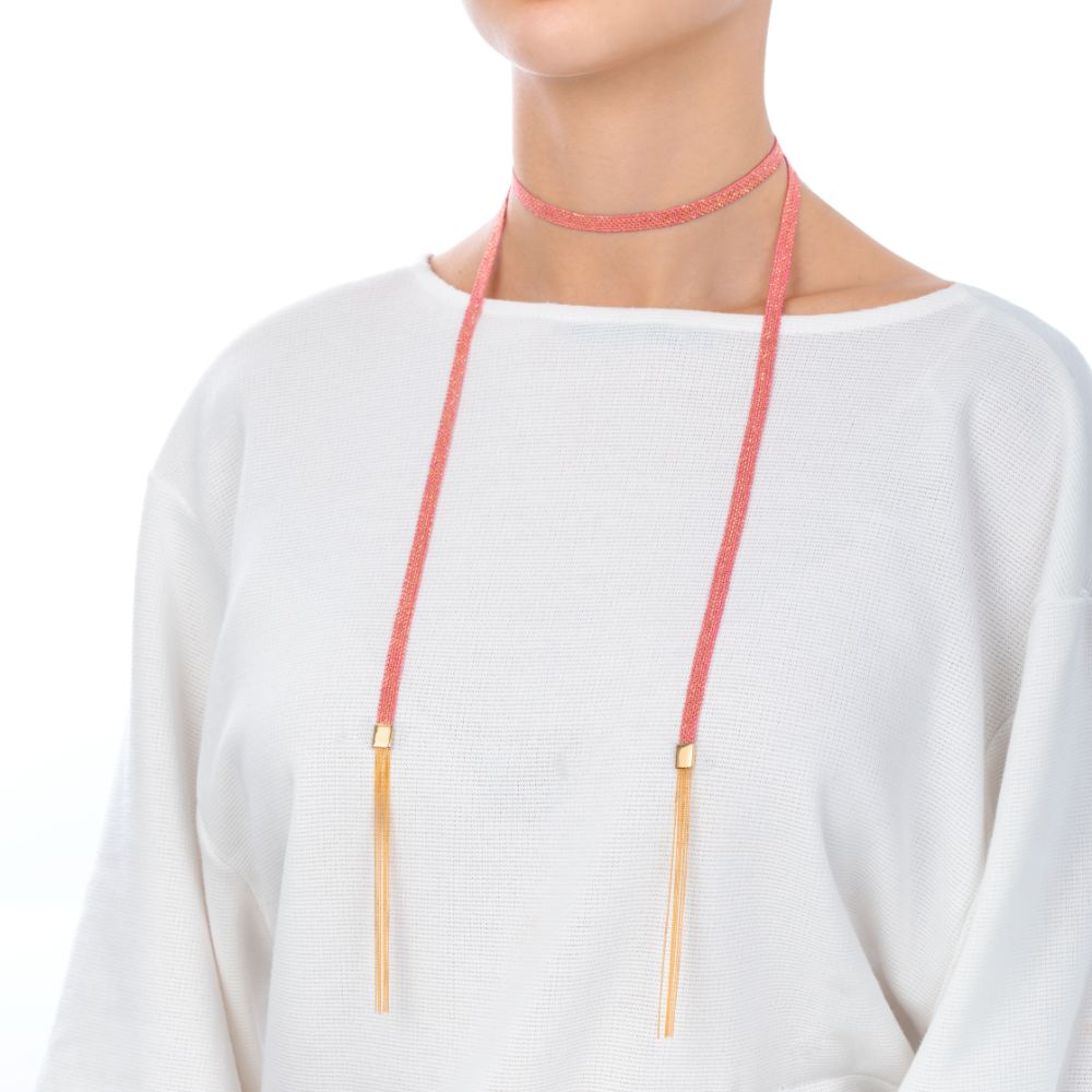 Sukar Long Scarf Necklace Yellow Gold Pink Fine Silk - Samra Jewellery - Diamond Jewellery - SUKAR