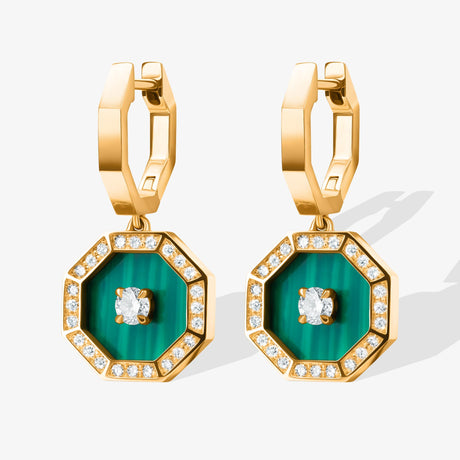 Ahjar Birwaz Yellow Gold Diamond Malachite Dangling Hoop Earrings - EARRING WOMAN by Samra Jewellery
