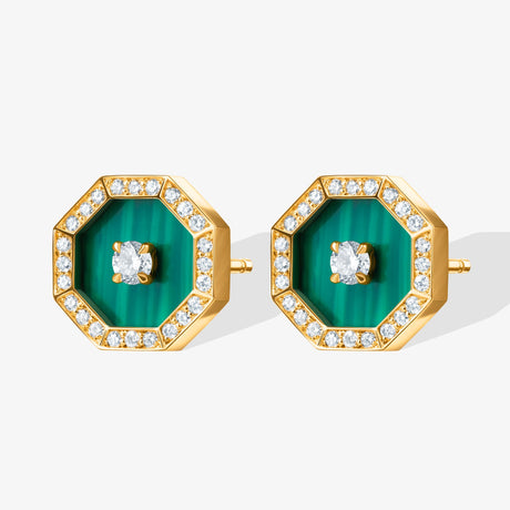 Ahjar Birwaz Yellow Gold Diamond Malachite Stud Earrings - EARRING WOMAN by Samra Jewellery