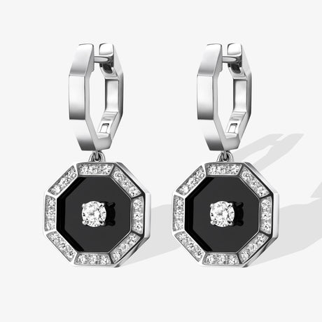 Ahjar Birwaz White Gold Diamond Black Onyx Dangling Hoop Earrings - EARRING WOMAN by Samra Jewellery
