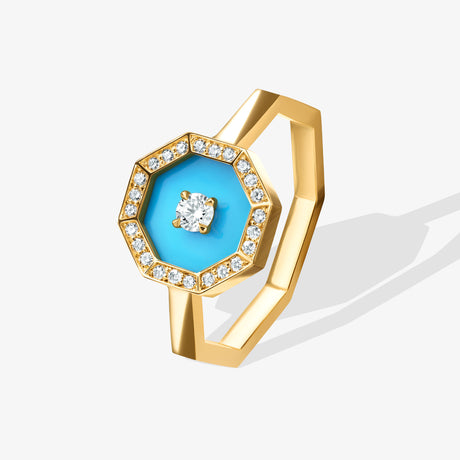 Ahjar Birwaz Yellow Gold Diamond Turquoise Ring - RING WOMAN by Samra Jewellery