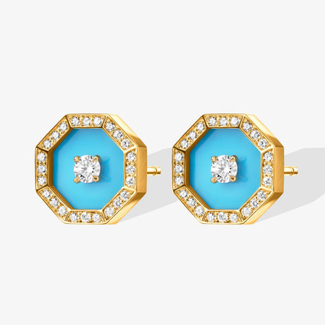 Ahjar Birwaz Yellow Gold Diamond Turquoise Stud Earrings - EARRING WOMAN by Samra Jewellery