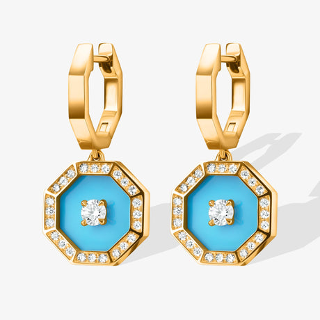 Ahjar Birwaz Yellow Gold Diamond Turquoise Dangling Hoop Earrings - EARRING WOMAN by Samra Jewellery