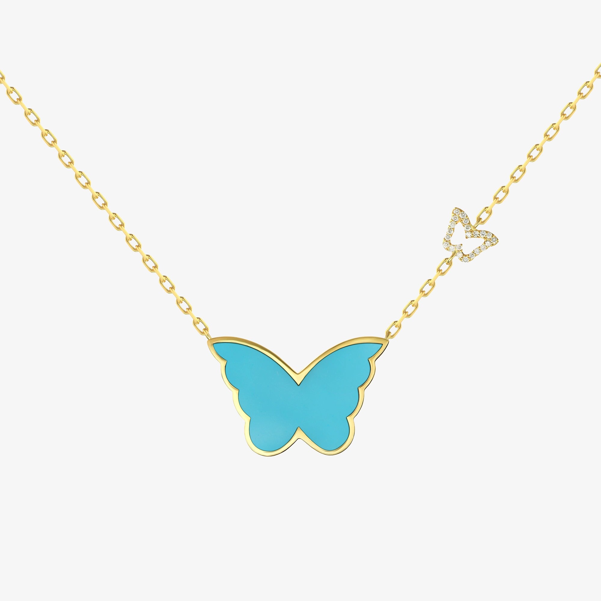 Classic Butterfly Yellow Gold Turquoise Single Necklace