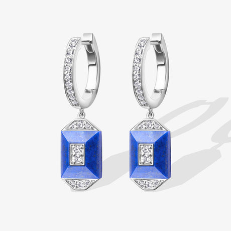 Layl White Gold Diamond Lapis Lazuli Dangling Hoop Earrings - EARRING WOMAN by Samra Jewellery