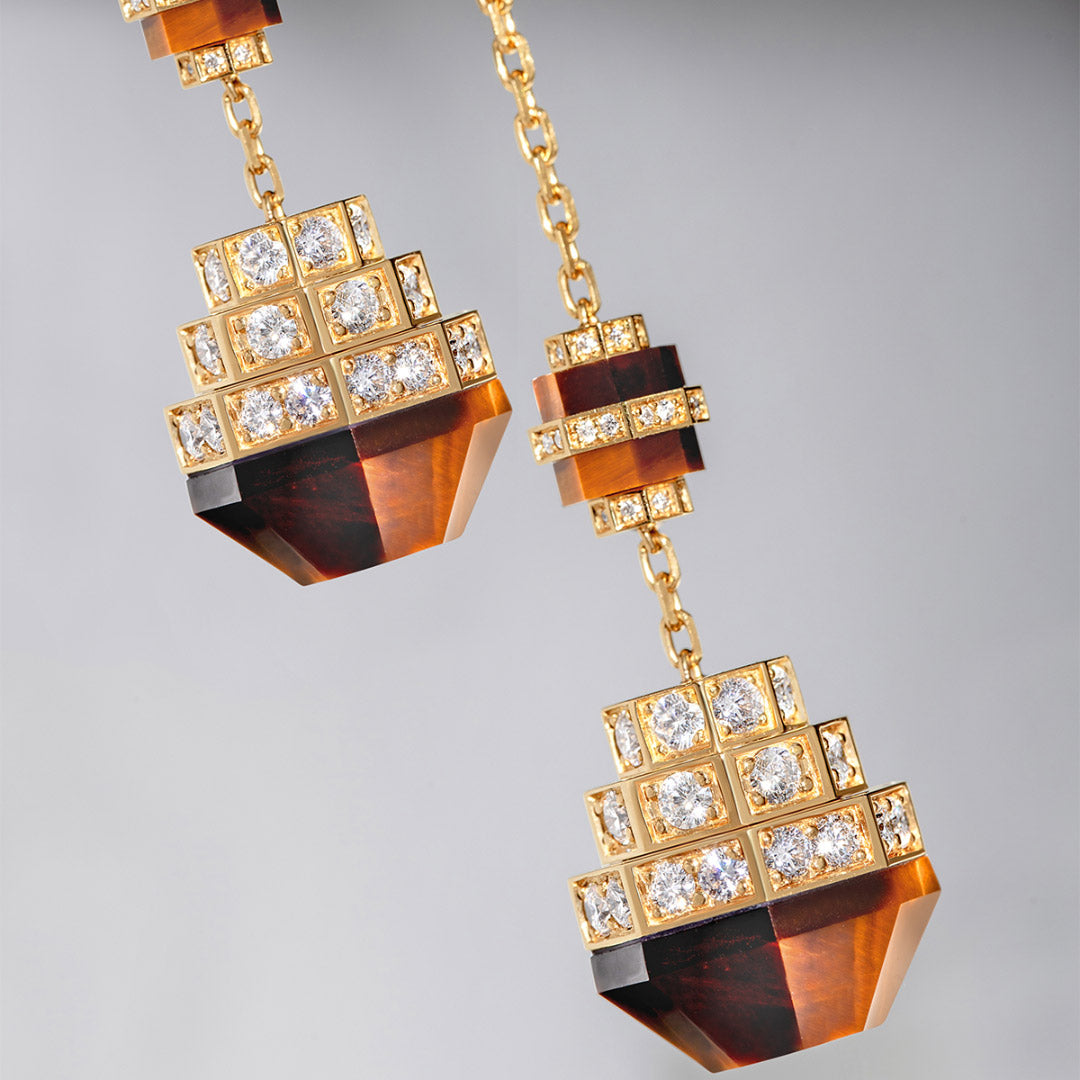 Azm Yellow Gold Tiger Eye Sautoire Necklace - Samra Jewellery - Diamond Jewellery - AZM