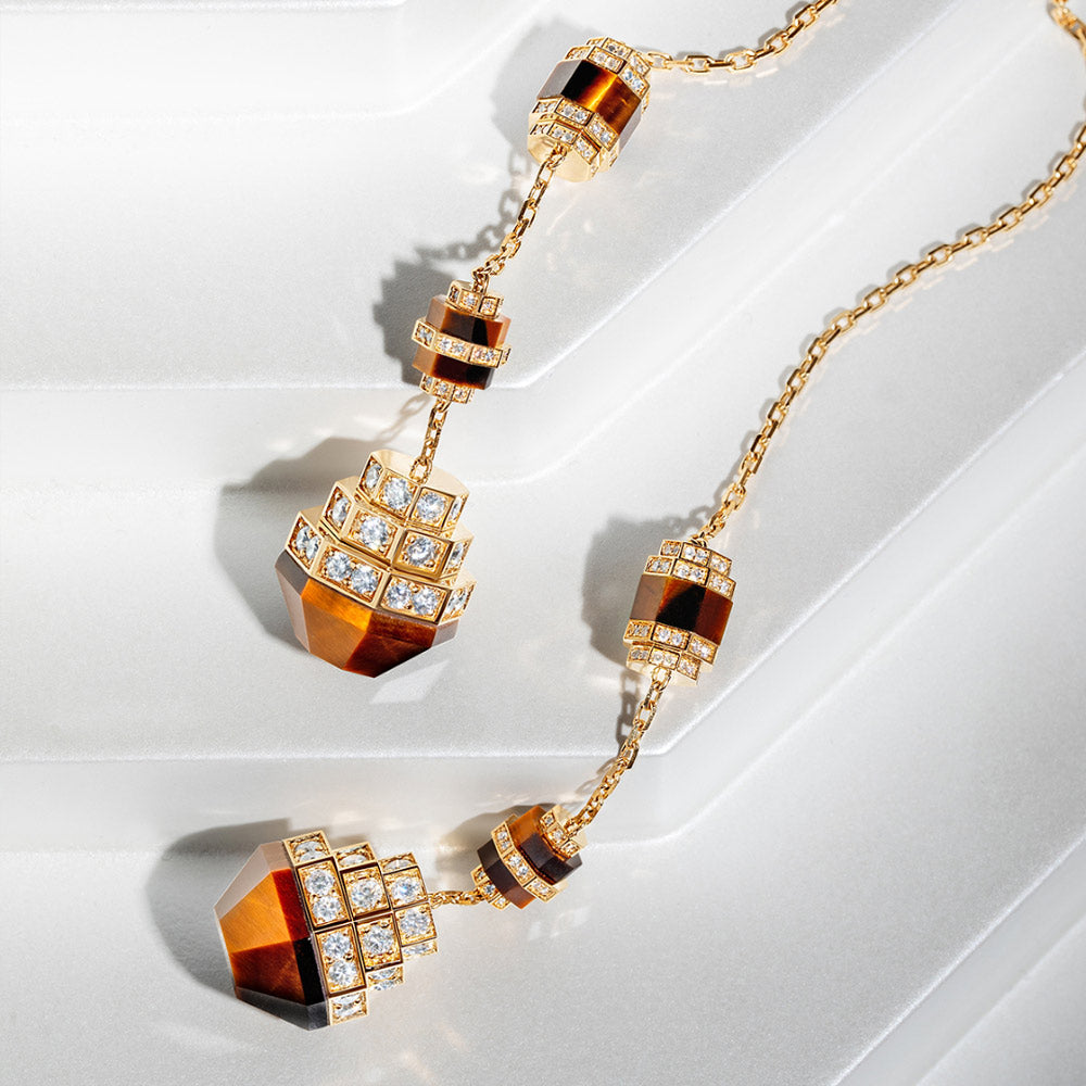 Azm Yellow Gold Tiger Eye Sautoire Necklace - Samra Jewellery - Diamond Jewellery - AZM