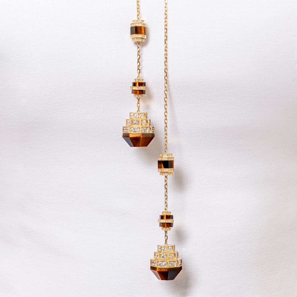 Azm Yellow Gold Tiger Eye Sautoire Necklace - Samra Jewellery - Diamond Jewellery - AZM