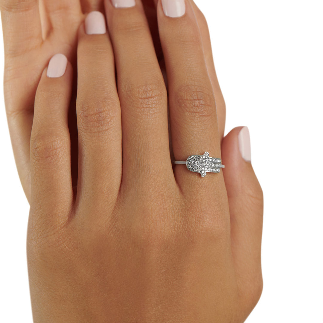 Barq White Gold Diamond Hamsa Ring - Samra Jewellery - Diamond Jewellery - BARQ