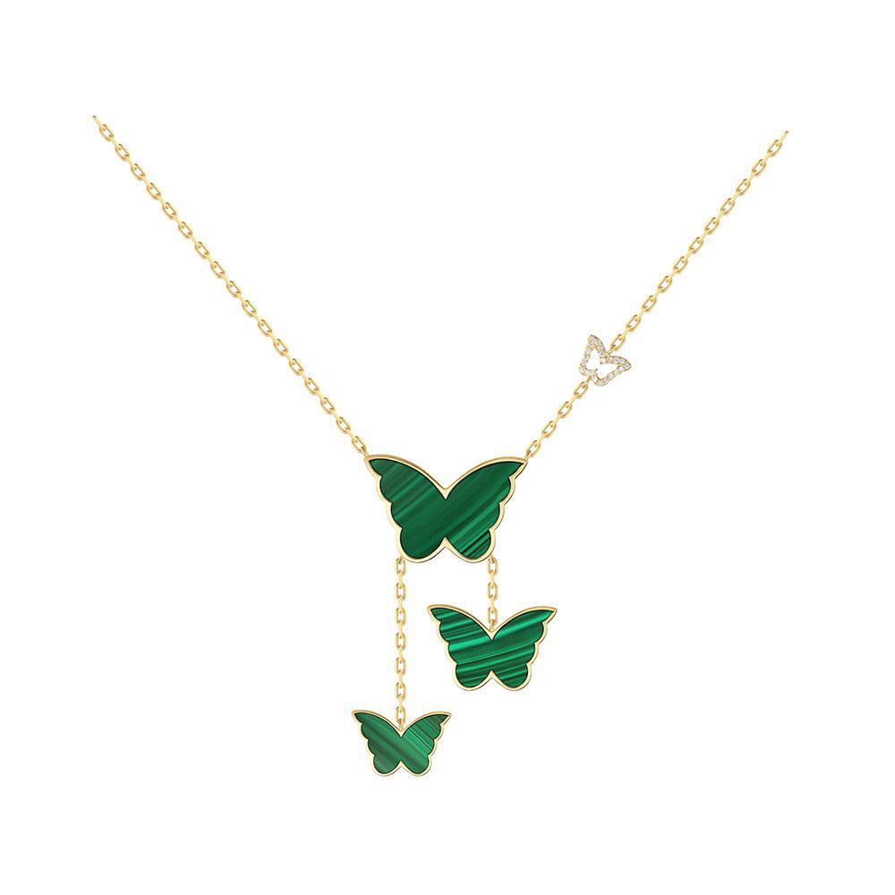 Classic Butterfly Yellow Gold Malachite Dangling Necklace - Samra Jewellery - Diamond Jewellery - BUTTERFLIES
