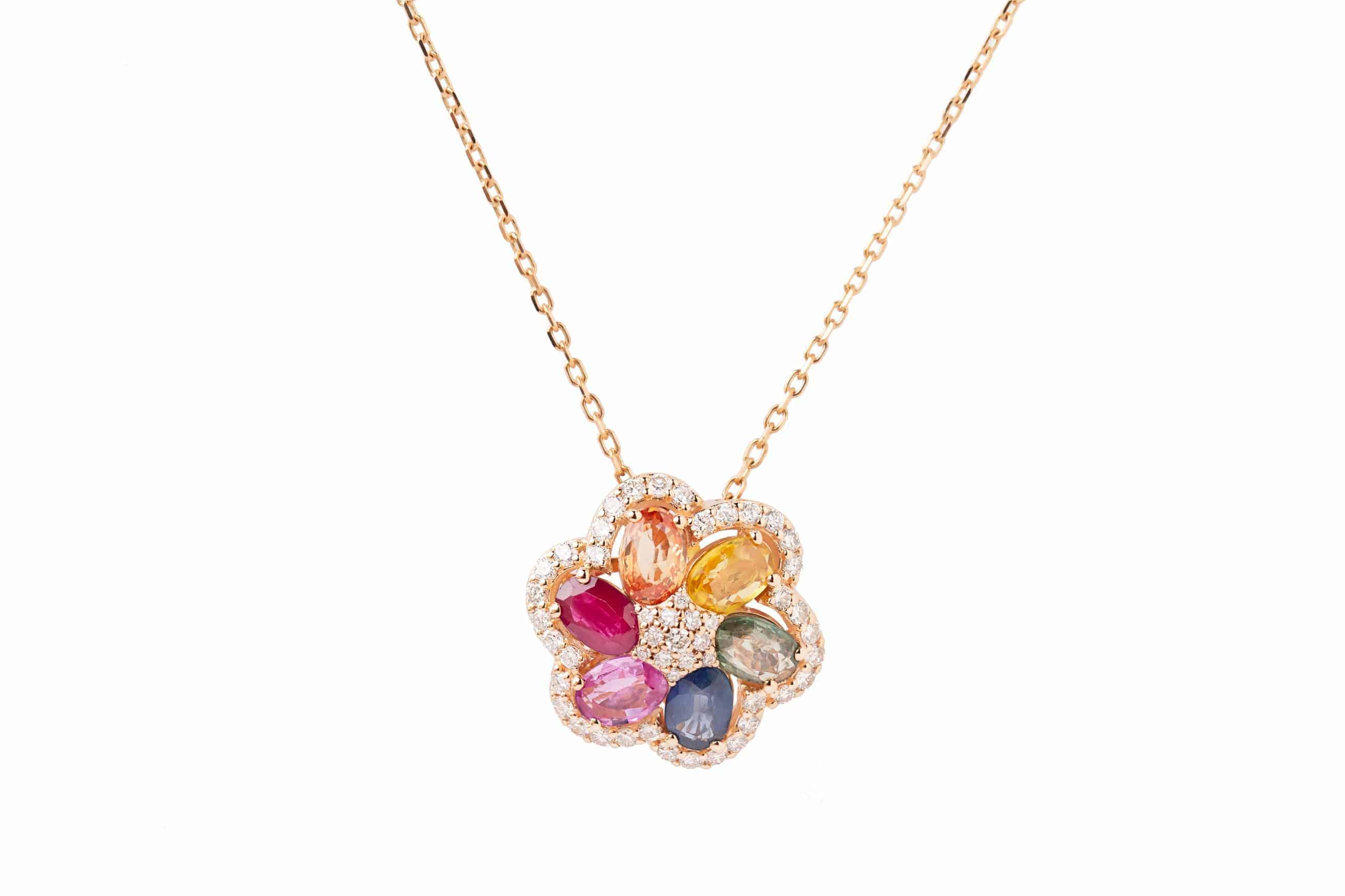 Kanz Rose Gold Colored Sapphires Flower Necklace - Samra Jewellery - Diamond Jewellery - KANZ